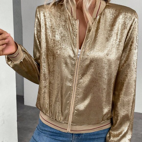 Gold Casual Women's Metallic Rib Patchwork Baseball Jacket - Picture 6 of 8